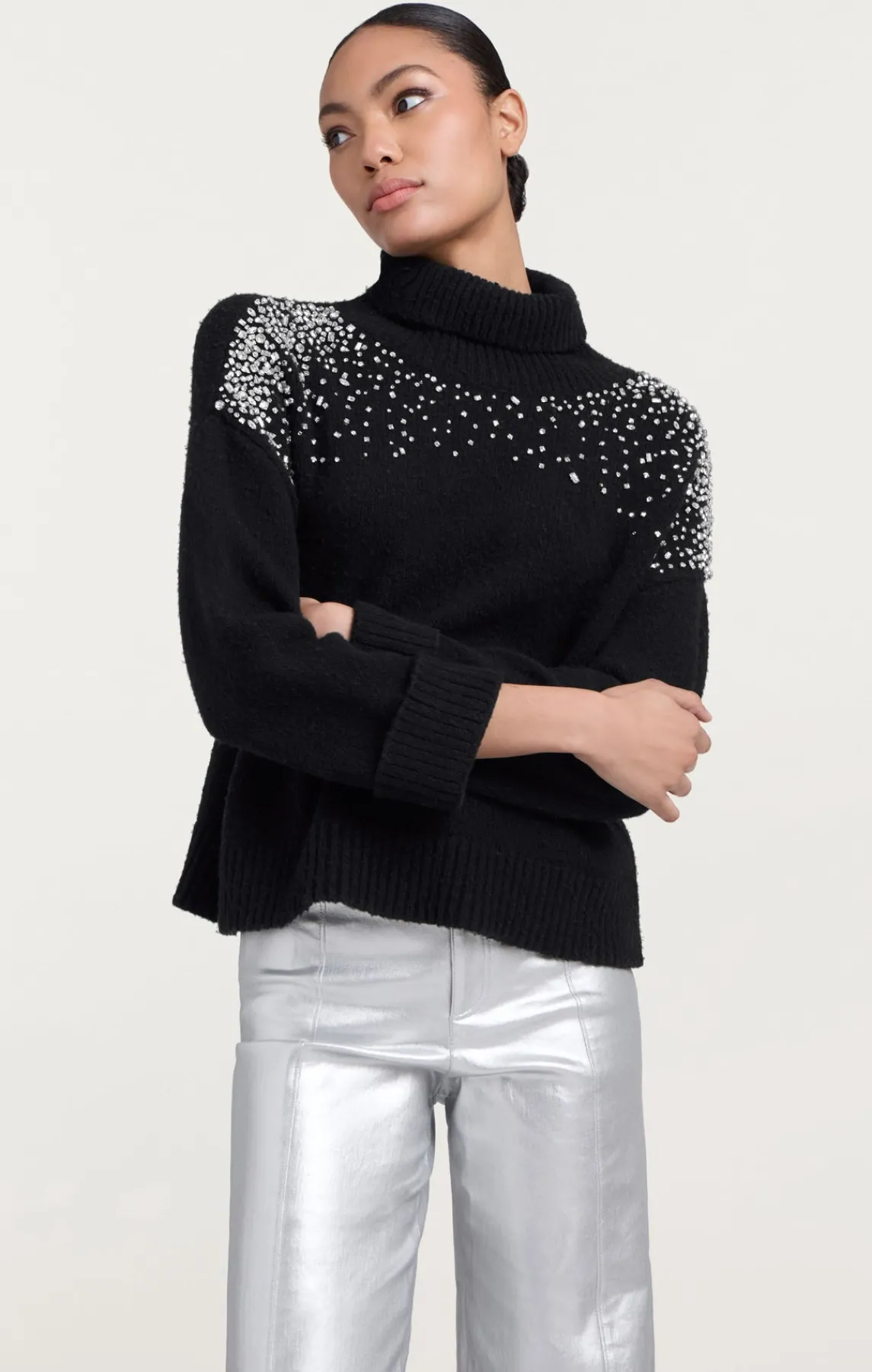 Cinq à Sept Rhinestone Crackle Embellished Alani Turtleneck<Women Long Sleeve Tops | Sweaters & Knits